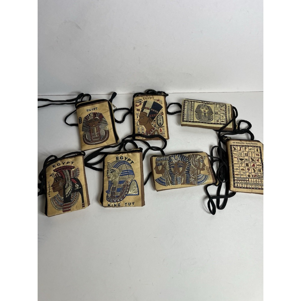 Egyptian Set Of 7 Cleopatra‎ King Tut Egypt Purse Coin Bags With Strap 4x6
